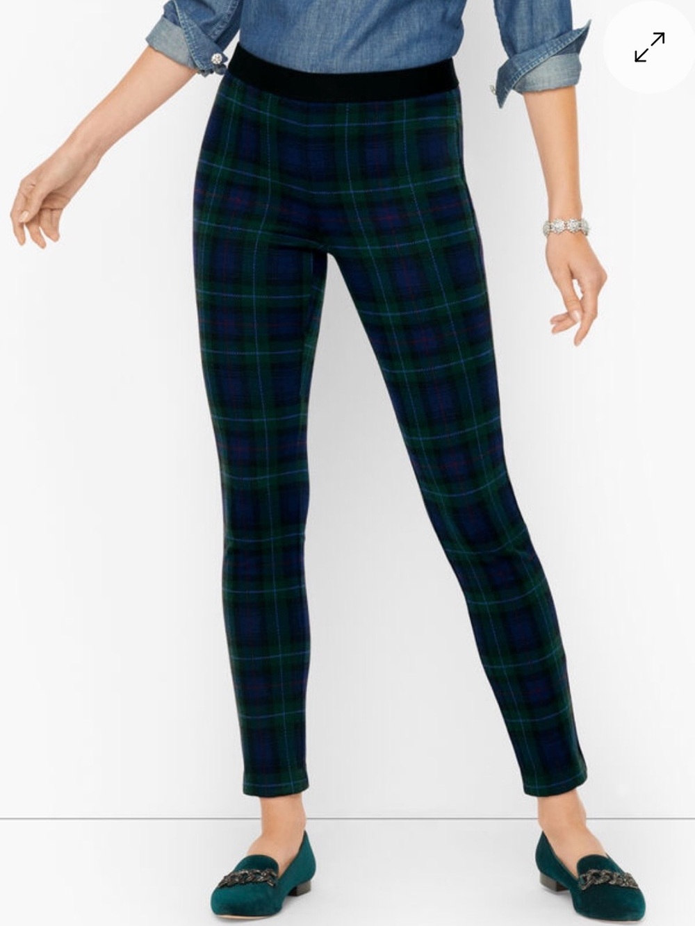 Talbots Women's Black and Dark Green Plaid Tartan Leggings size 8 Petite